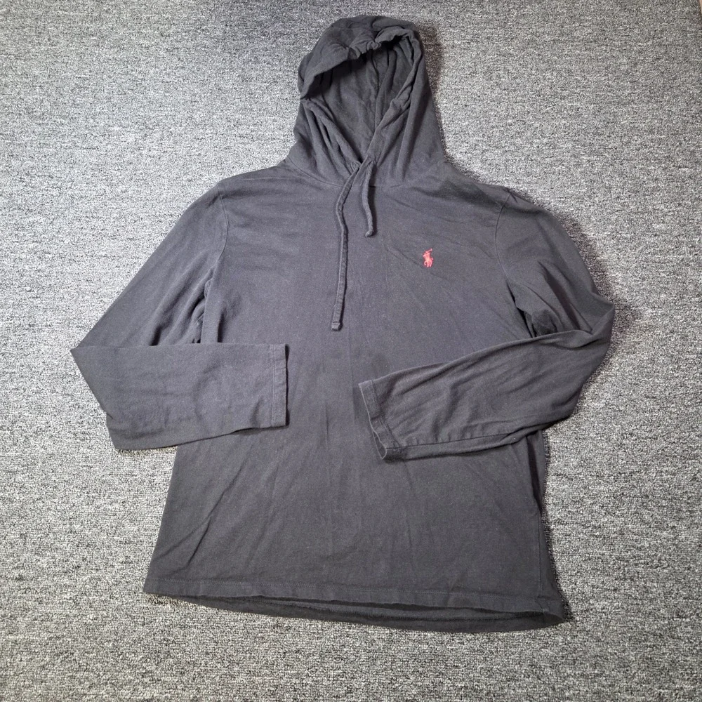 Polo Ralph Lauren Hooded T Shirt Mens Medium Black Red Pony Logo Casual Preppy‎